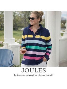 Joules Multistripe Button Neck Pullover US 20 | British Preppy Coastal Top